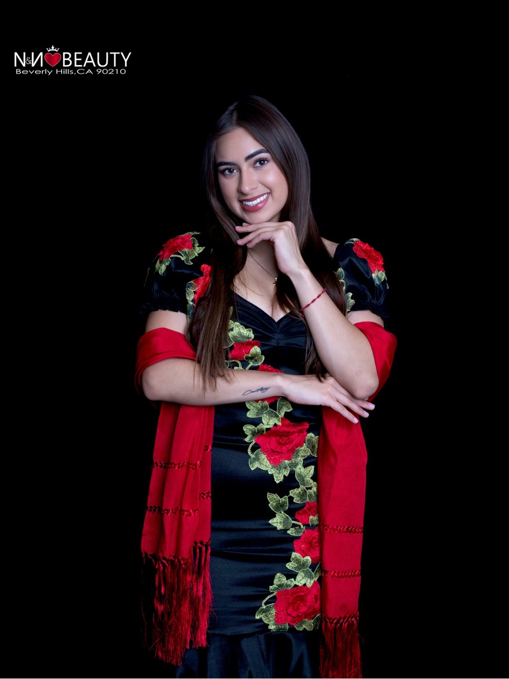 Black Satin Mermaid Dress with Red Rose Embroidery and Red Shawl - Picture 8 of 11